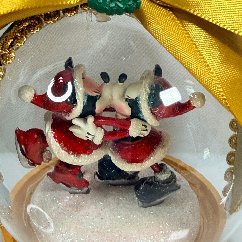 Disney Mickey Minnie Kissing Christmas Ornament Mistletoe Snow Globe Style